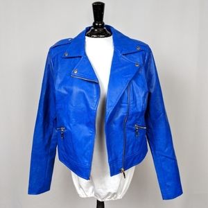 Thalia Sodi Moto Jacket Blue Faux Leather Gold Hardware Vegan Biker Y2K size XS